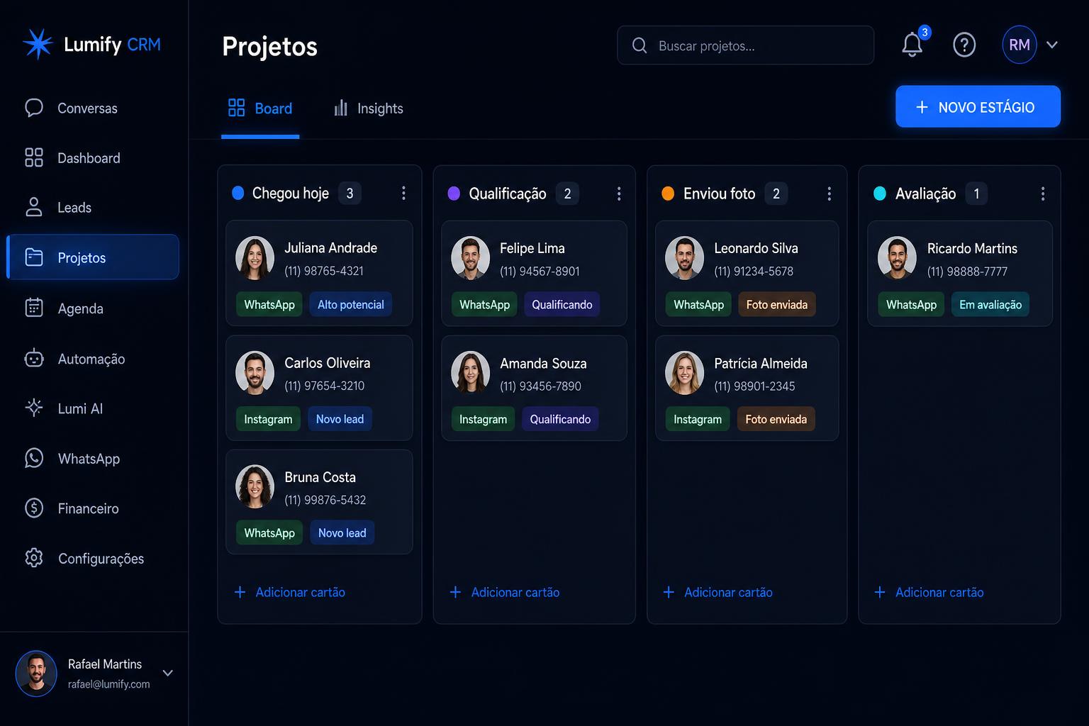 Pipeline da Lumify CRM em ação